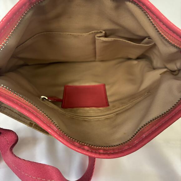 Coach Signature Stripe Duffle Crossbody Bag Khaki Jacquard Pink Patent Leather - Picture 8 of 12